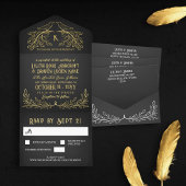 Houtskool & Gold Raven Monogram Gothic Wedding All In One Uitnodiging
