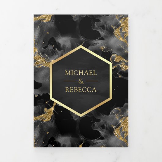 Houtskool Goud Abstract Vloeibare Inkt QR Code Bru Drieluik Uitnodiging (Cover)