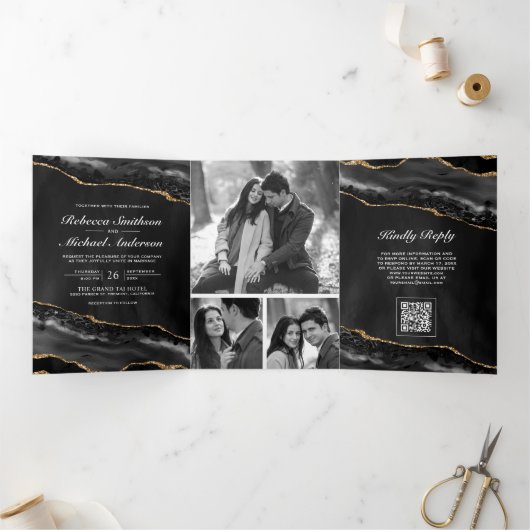 Houtskool Goud Agate Foto Collage QR Code Trouwen Drieluik Uitnodiging (Binnen)