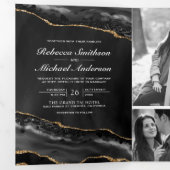 Houtskool Goud Agate Foto Collage QR Code Trouwen Drieluik Uitnodiging (Binnenzijde eerst)