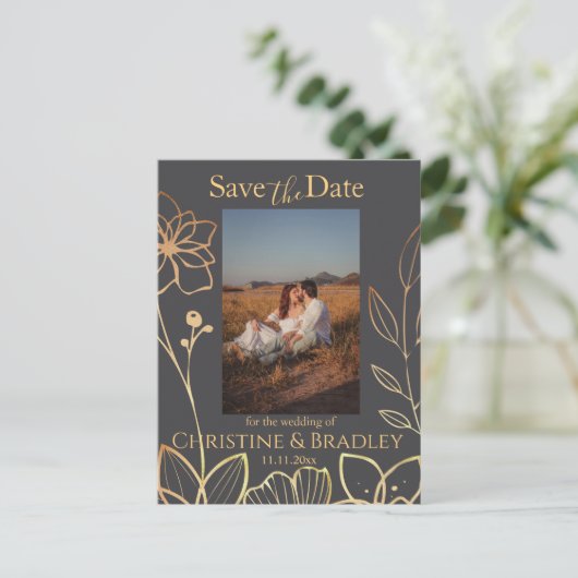 Houtskool & Goud Bewaar de datum Foto Briefkaart (Staand voorkant)