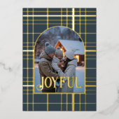 Houtskool & Goud Gingham Kerstvakantie Foto Folie Feestdagenkaart (Voorkant)