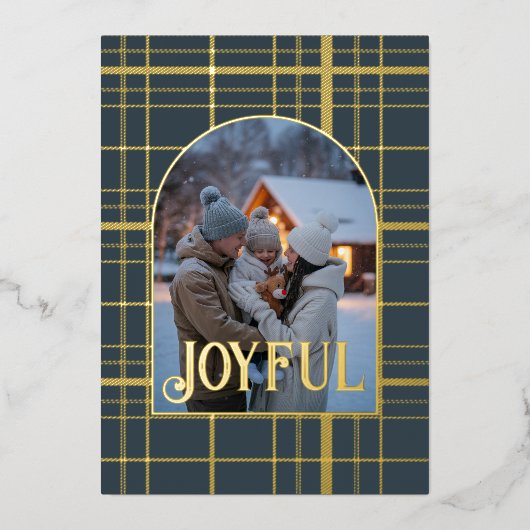 Houtskool & Goud Gingham Kerstvakantie Foto Folie Feestdagenkaart (Voorkant)