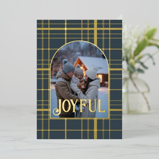 Houtskool & Goud Gingham Kerstvakantie Foto Folie Feestdagenkaart (Staand Voorkant)