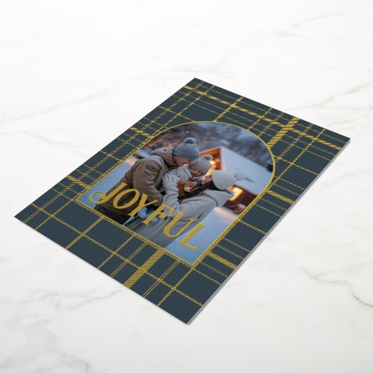 Houtskool & Goud Gingham Kerstvakantie Foto Folie Feestdagenkaart (Gedraaid)