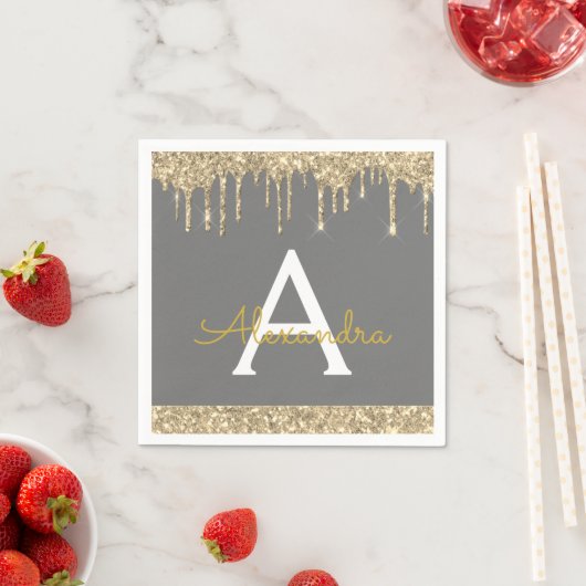 Houtskool Goud Glitter Zwart Monogram Verjaardag Servet (Insitu)