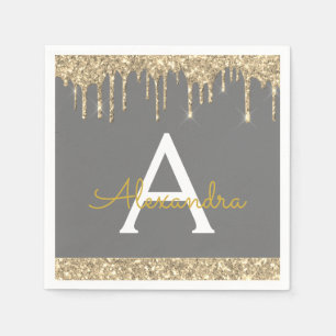 Houtskool Goud Glitter Zwart Monogram Verjaardag Servet
