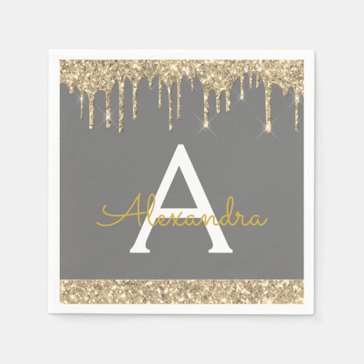 Houtskool Goud Glitter Zwart Monogram Verjaardag Servet (Voorkant)