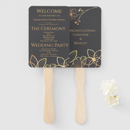 Houtskool & Goud Trouwprogramma Handwaaier (Voorkant en achterkant)