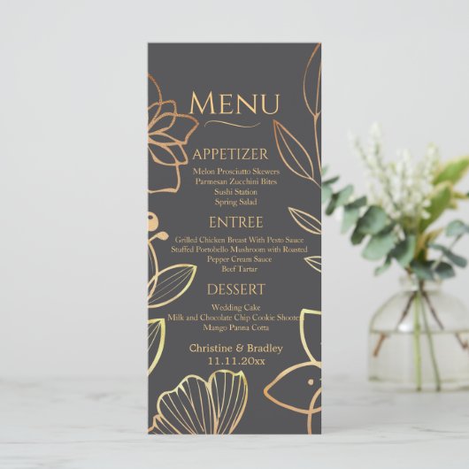 Houtskool & Goud Wedding Menu (Staand voorkant)