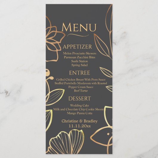 Houtskool & Goud Wedding Menu (Voorkant)