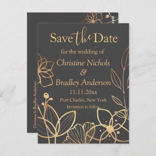 Houtskool & Gouden bruiloft Save the Date Briefkaart (Voorkant / Achterkant)