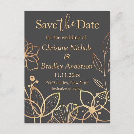 Houtskool & Gouden bruiloft Save the Date Briefkaart (Voorkant)