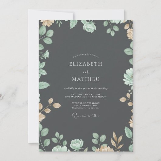 Houtskool Gouden Loof Eucalyptus Bruiloft Kaart (Voorkant)
