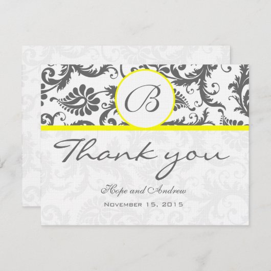 Houtskool Grijs Damast Gele Bruiloft Dank u Kaart (Voorkant / Achterkant)