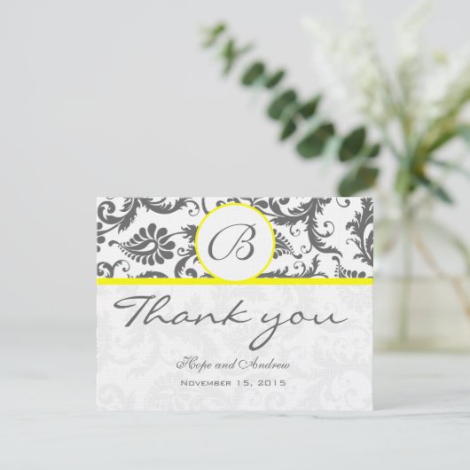 Houtskool Grijs Damast Gele Bruiloft Dank u Kaart (Staand voorkant)