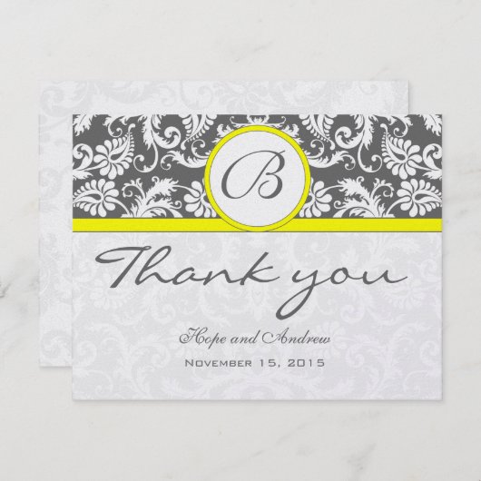 Houtskool Grijs Damast Gele Bruiloft Dank u Kaart (Voorkant / Achterkant)