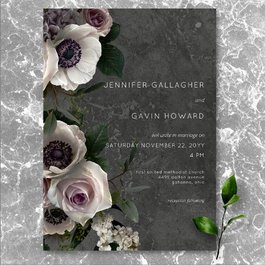 Houtskool Grijs Elegante Bloemen Moderne Huwelijk Kaart