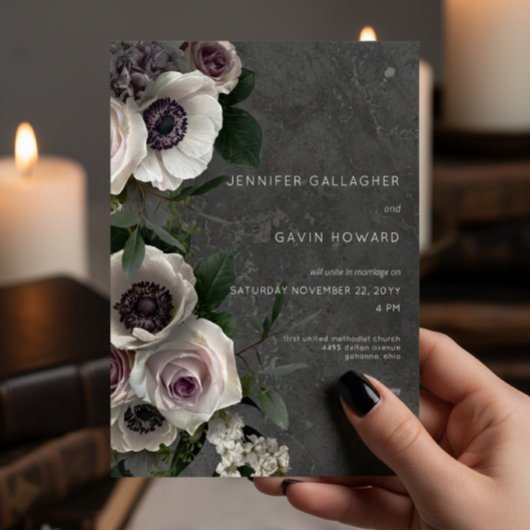 Houtskool Grijs Elegante Bloemen Moderne Huwelijk Kaart