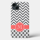 Houtskool Grijs en Koraal Chevron Monogram Case-Mate iPhone Case (Achterkant)