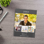 Houtskool grijs foto collage afspraken 2025 planner<br><div class="desc">Creëer uw eigen unieke fotocollage. Gebruik vier,  vier van je favoriete foto's. Personaliseer en een jaar,  naam en tekst. Een houtskoolgrijze achtergrond,  witte tekst.</div>