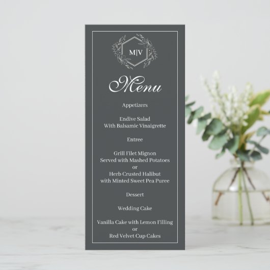 Houtskool grijs monogram Crest Menu (Staand voorkant)