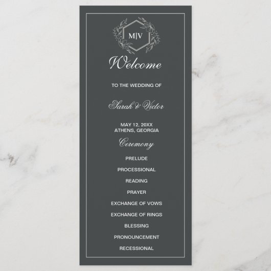 Houtskool Grijs Monogram dubbele zijprogrammakaart Programmakaart (Voorkant)