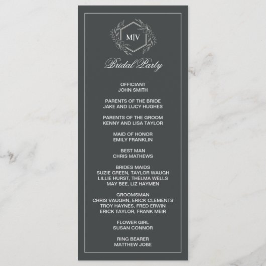 Houtskool Grijs Monogram dubbele zijprogrammakaart Programmakaart (Achterkant)