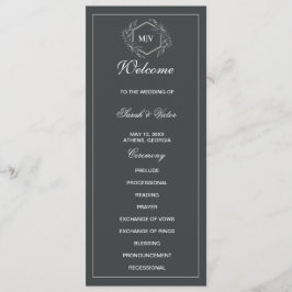 Houtskool Grijs Monogram dubbele zijprogrammakaart Programmakaart