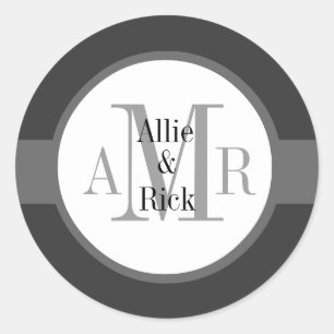 Houtskool Grijs Monogrammen Namen Huwelijk Ronde Sticker