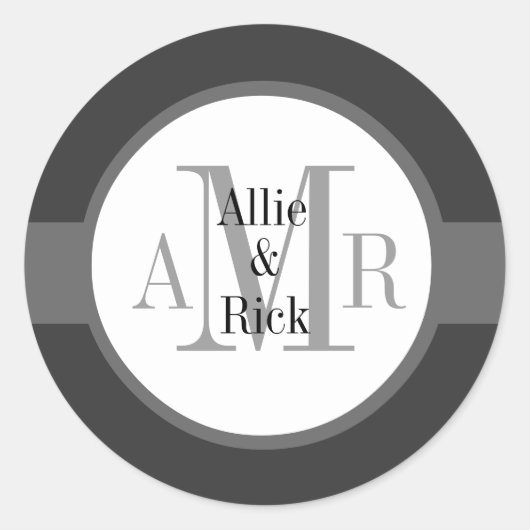Houtskool Grijs Monogrammen Namen Huwelijk Ronde Sticker (Voorkant)