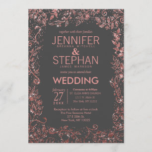Houtskool Grijs Roos Goud Bloemen Glitter Wedding Kaart