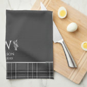 Houtskool Grijs Tartan Plaid Custom Name Monogram Theedoek (Quarter Fold)