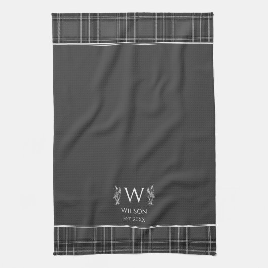 Houtskool Grijs Tartan Plaid Custom Name Monogram Theedoek (Verticaal)