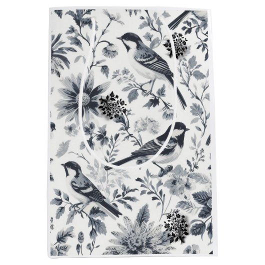 Houtskool Grijs Vogel Toile Gift Bag Medium Cadeauzakje (Voorkant)
