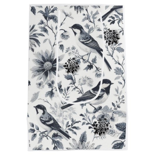 Houtskool Grijs Vogel Toile Gift Bag Medium Cadeauzakje (Achterkant)