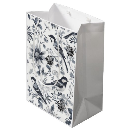 Houtskool Grijs Vogel Toile Gift Bag Medium Cadeauzakje (Achterkant Gekanteld)