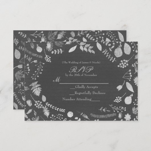 Houtskool Grijs & Zilver Bloemen Bruiloft RSVP kaa (Voorkant / Achterkant)