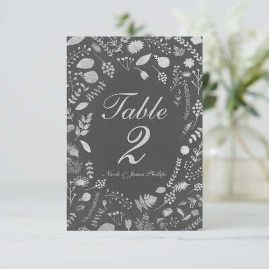 Houtskool Grijs & Zilver Bloemen Bruiloft Tafel Ka Kaart (Staand voorkant)