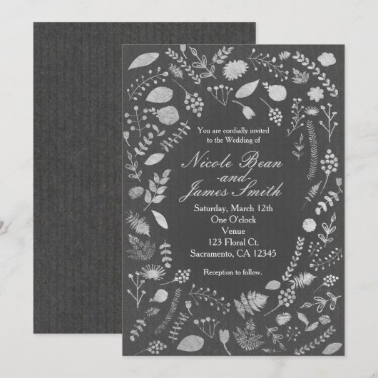 Houtskool Grijs & Zilver Bloemen Bruiloft Uitnodig Kaart (Voorkant / Achterkant)