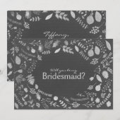 Houtskool Grijs Zilver Bloemen Wees Mijn Bruidsmei Kaart (Voorkant / Achterkant)