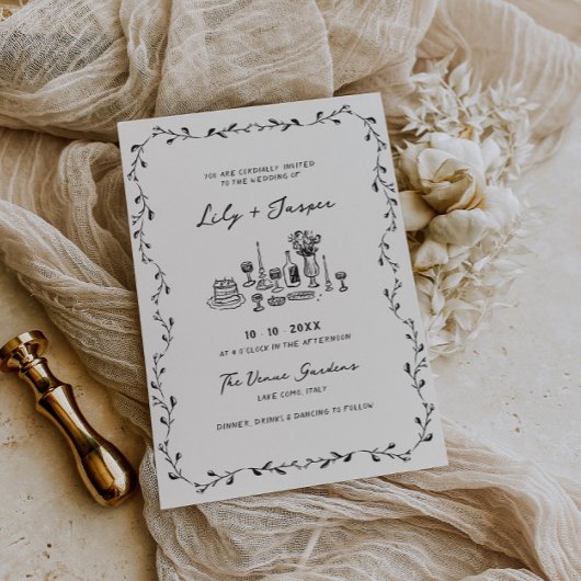 Houtskool Hand getrokken wijnstokken bruiloft Kaart