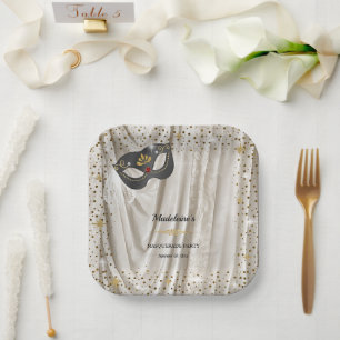 Houtskool Ivoor Masquerade Witte Damast Gouden Ste Papieren Bordje