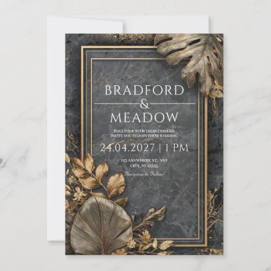 Houtskool Marmer Tropisch Blad Bruiloft Kaart (Voorkant)