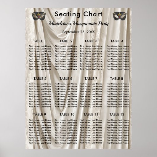 Houtskool Masquerade Witte Damast 12 Tafels Poster (Voorkant)