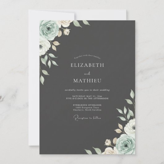 Houtskool Mint Ranunculus Eucalyptus Bruiloft Kaart (Voorkant)