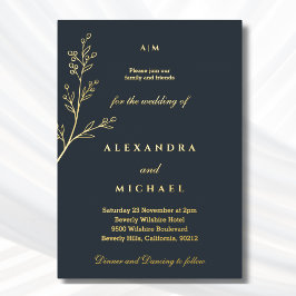 Houtskool Monogram Botanisch Minimalistisch Goud Folie Uitnodiging