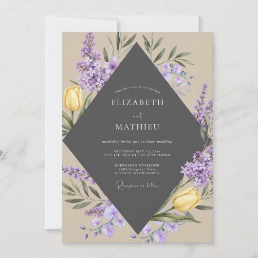 Houtskool Paarse Tulp Eucalyptus Bruiloft Kaart (Voorkant)