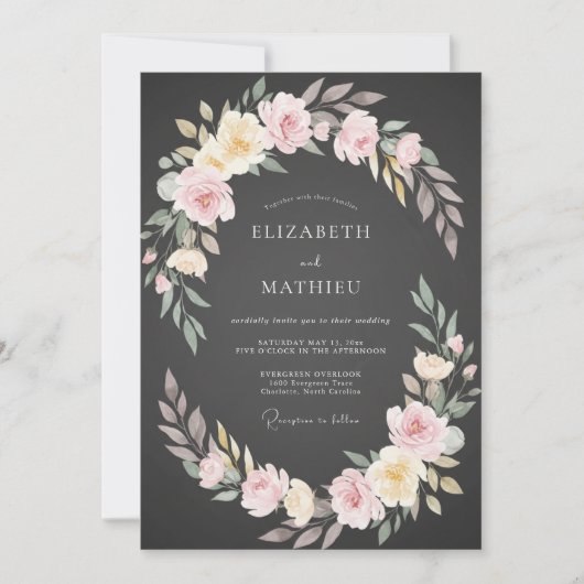 Houtskool Roze Ranunculus Eucalyptus Bruiloft Kaart (Voorkant)