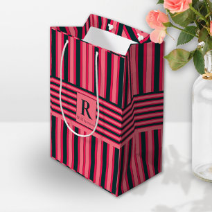 Houtskool Roze Strepen Bewerkbaar Elegant Monogram Medium Cadeauzakje